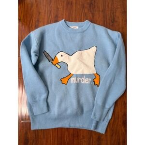 Aelfric Eden Sweater Mens L Blue Goose Knife Murder Crewneck Graphic Knit